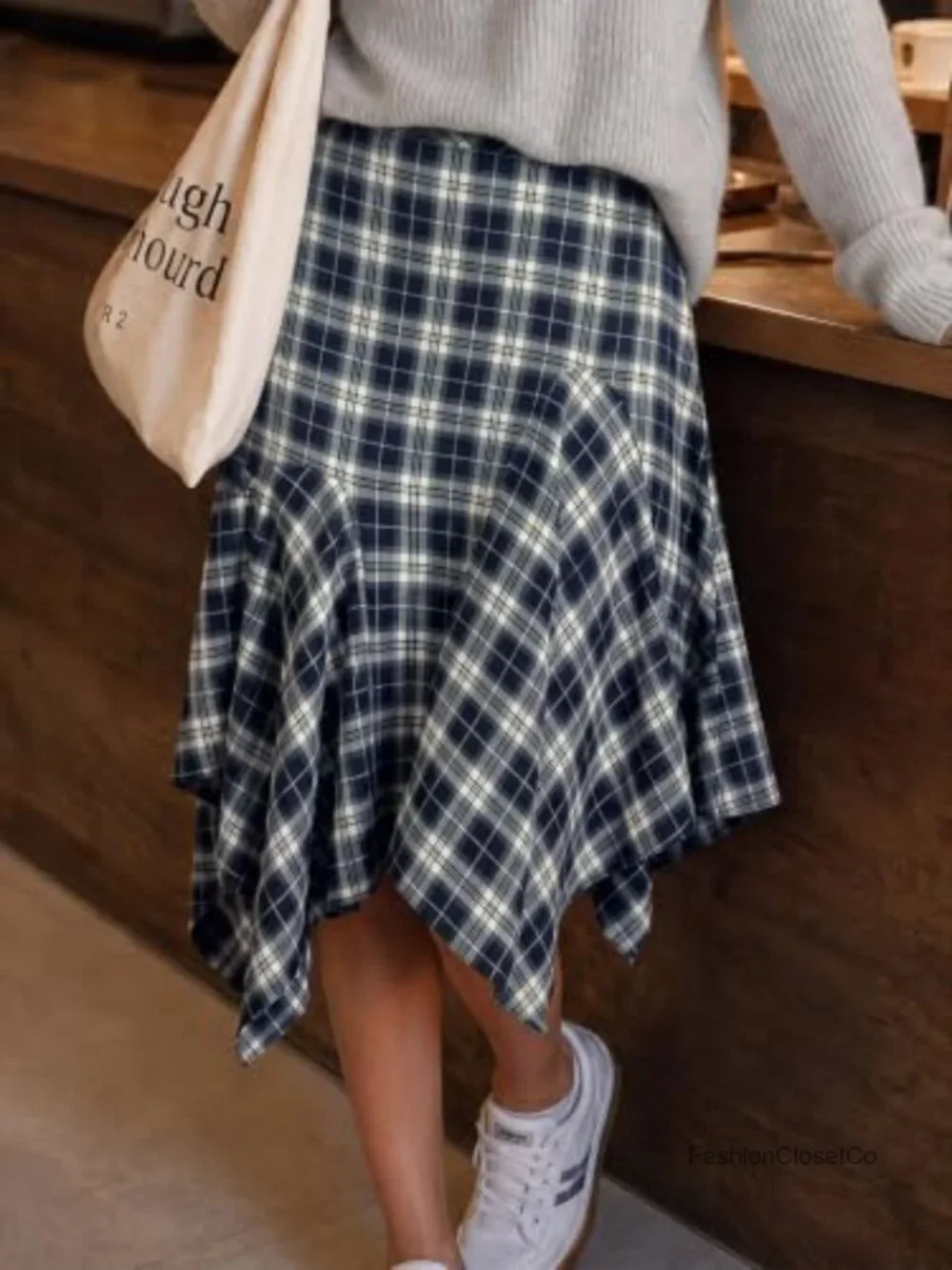 Y2K Plaid Midi Skirt, Low Waist Asymmetrical Flowy A-Line, Grunge 90s Style